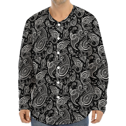 Black And White Paisley Pattern Print Long Sleeve Baseball Jersey