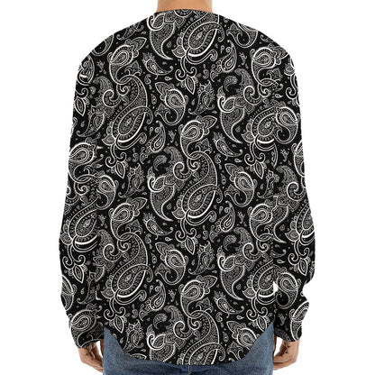 Black And White Paisley Pattern Print Long Sleeve Baseball Jersey
