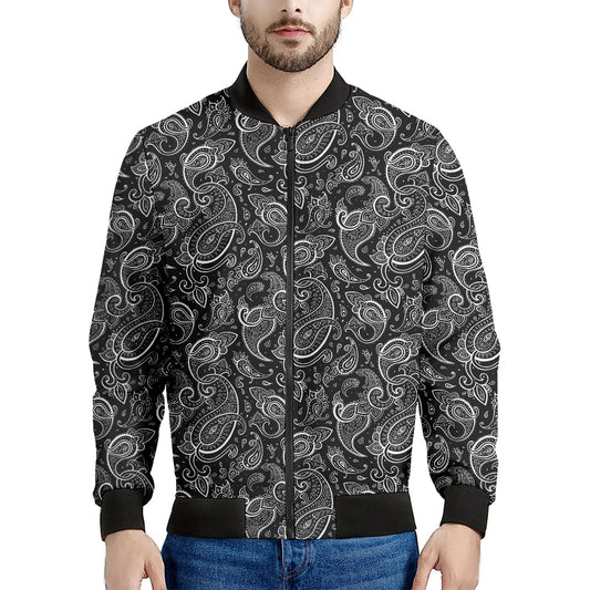 Black And White Paisley Pattern Print Men's Bomber Jacket