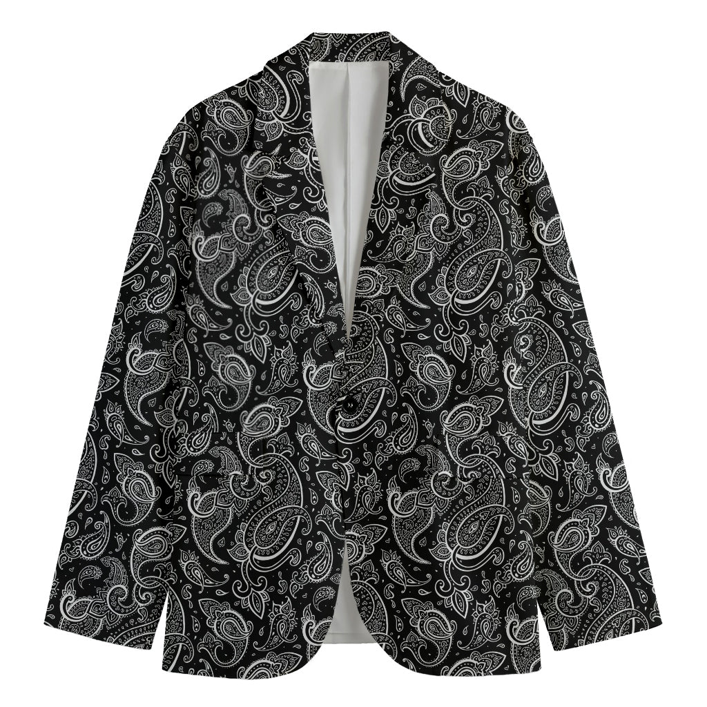Black And White Paisley Pattern Print Men's Cotton Blazer