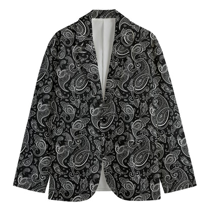 Black And White Paisley Pattern Print Men's Cotton Blazer