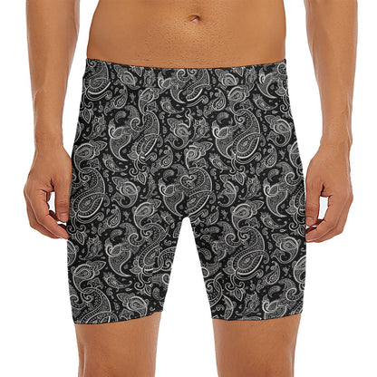 Black And White Paisley Pattern Print Men's Long Boxer Briefs