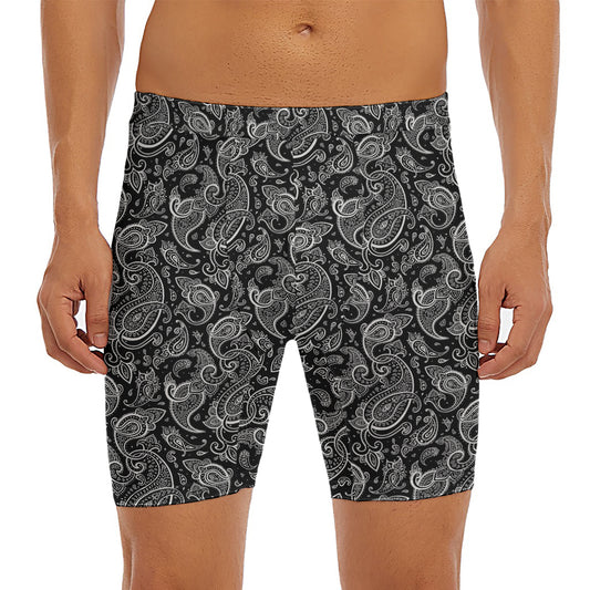 Black And White Paisley Pattern Print Men's Long Boxer Briefs