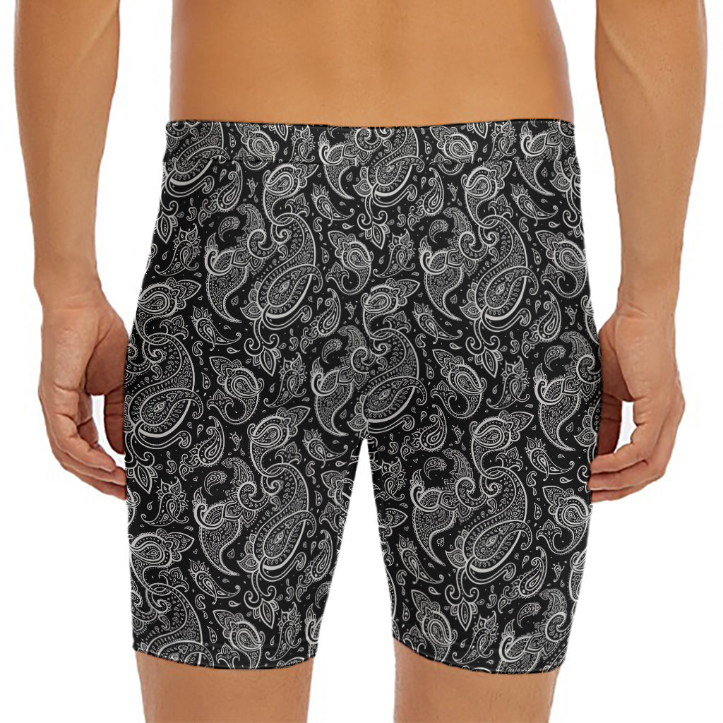 Black And White Paisley Pattern Print Men's Long Boxer Briefs