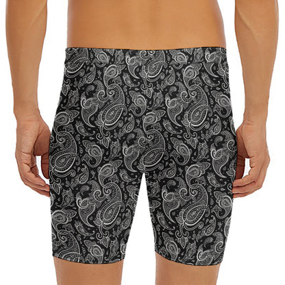 Black And White Paisley Pattern Print Men's Long Boxer Briefs