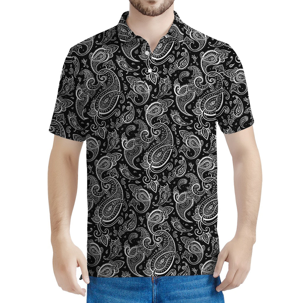 Black And White Paisley Pattern Print Men's Polo Shirt