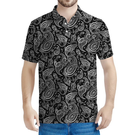 Black And White Paisley Pattern Print Men's Polo Shirt