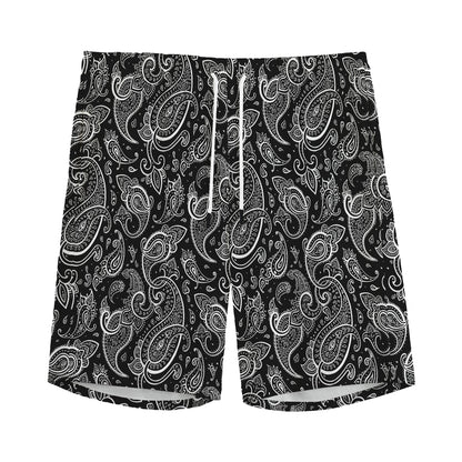 Black And White Paisley Pattern Print Men's Sports Shorts