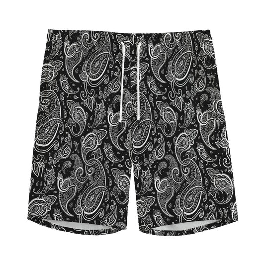 Black And White Paisley Pattern Print Men's Sports Shorts