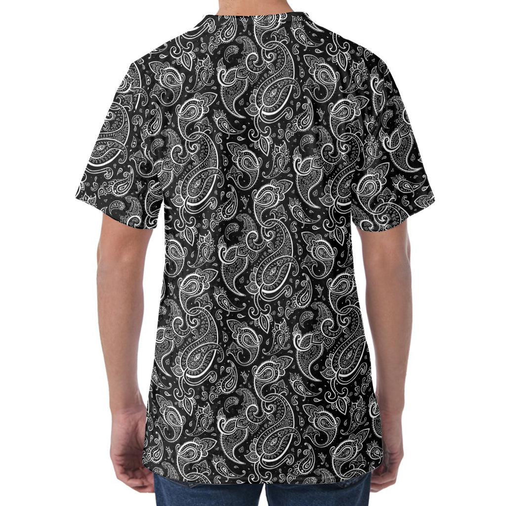 Black And White Paisley Pattern Print Men's Velvet T-Shirt