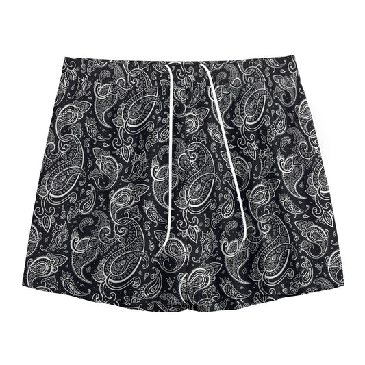 Black And White Paisley Pattern Print Mesh Shorts