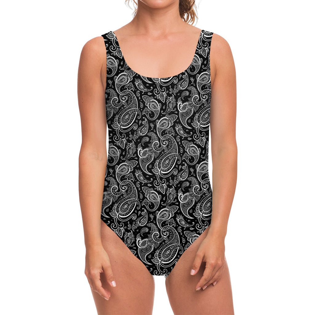 Black And White Paisley Pattern Print One Piece Swimsuit