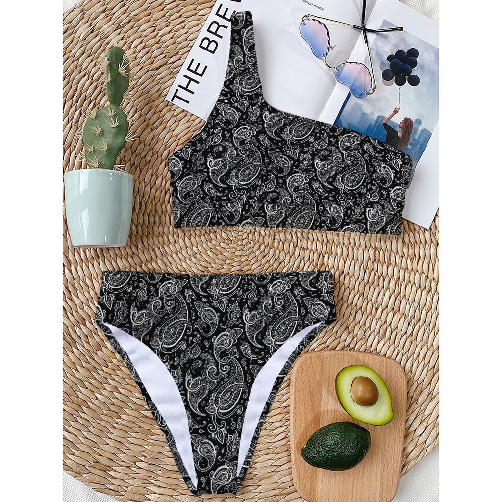 Black And White Paisley Pattern Print One Shoulder Bikini Top