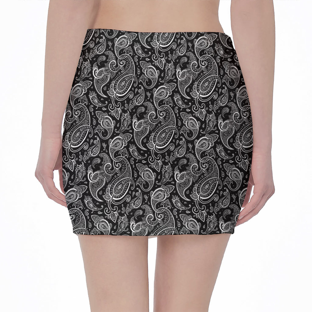 Black And White Paisley Pattern Print Pencil Mini Skirt