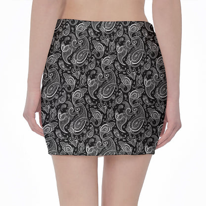 Black And White Paisley Pattern Print Pencil Mini Skirt