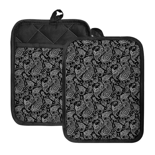 Black And White Paisley Pattern Print Pot Holders With Pocket