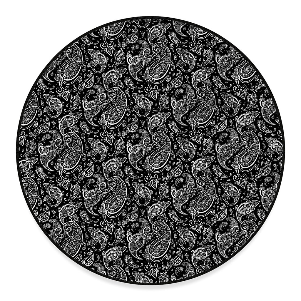 Black And White Paisley Pattern Print Round Floor Mat