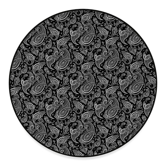 Black And White Paisley Pattern Print Round Floor Mat