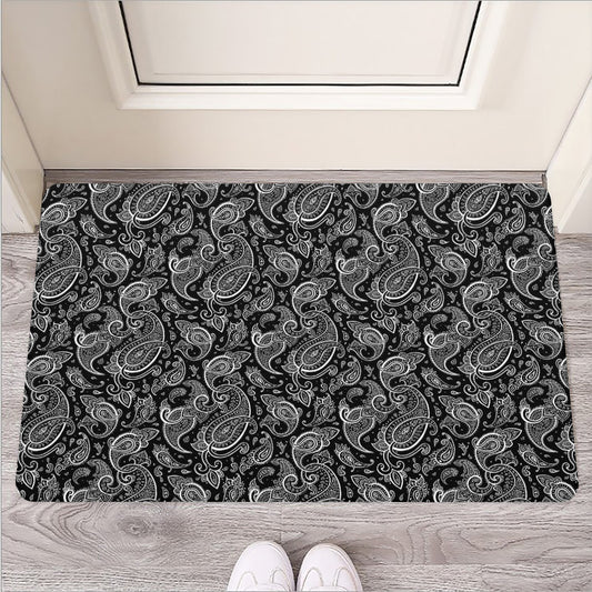 Black And White Paisley Pattern Print Rubber Doormat