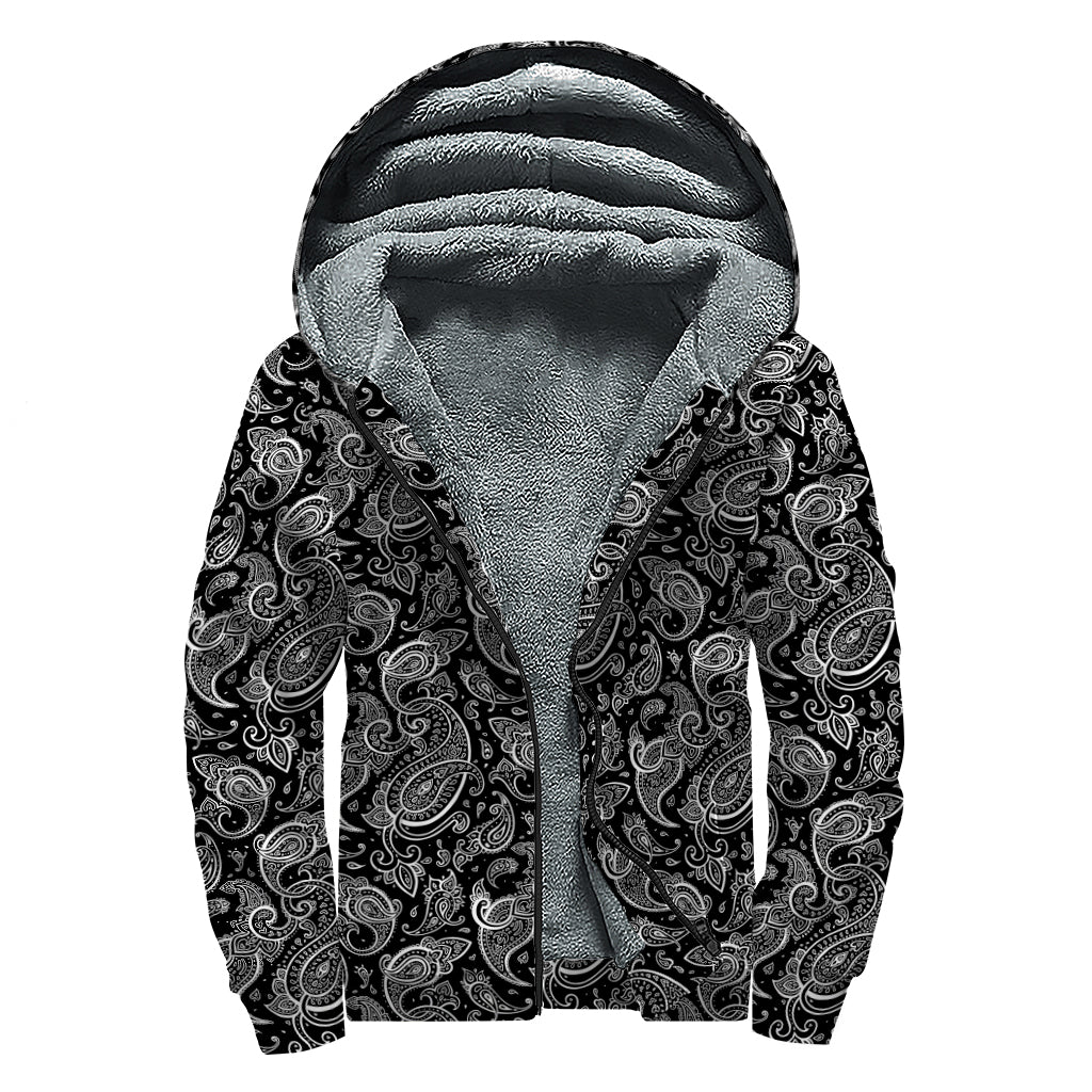 Black And White Paisley Pattern Print Sherpa Lined Zip Up Hoodie
