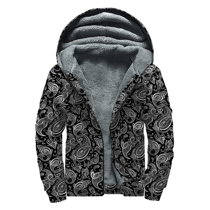 Black And White Paisley Pattern Print Sherpa Lined Zip Up Hoodie