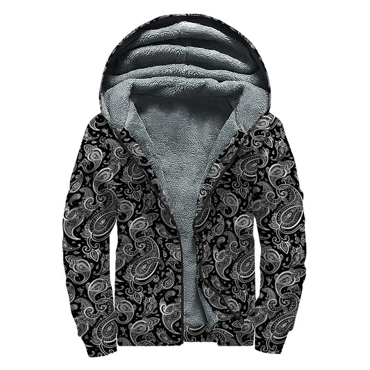 Black And White Paisley Pattern Print Sherpa Lined Zip Up Hoodie