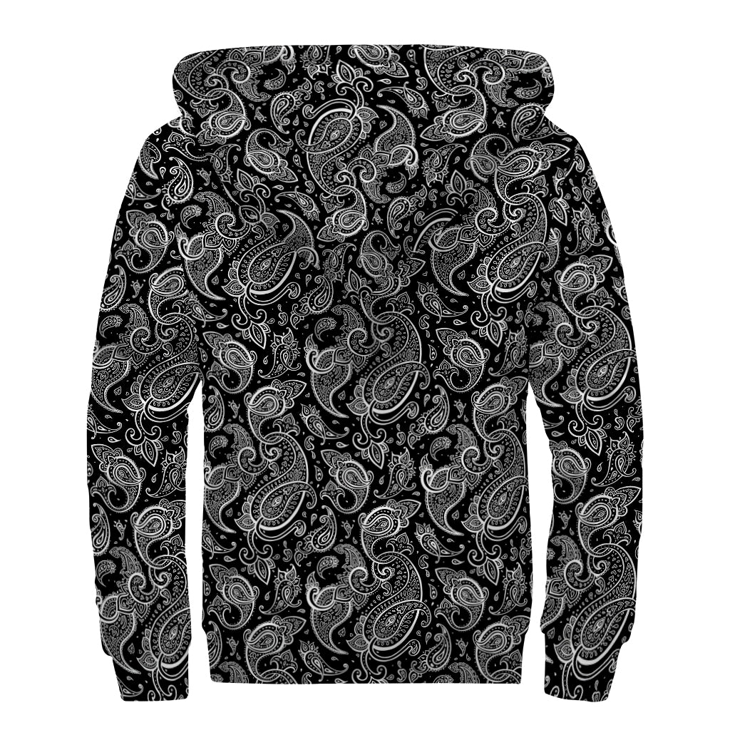 Black And White Paisley Pattern Print Sherpa Lined Zip Up Hoodie