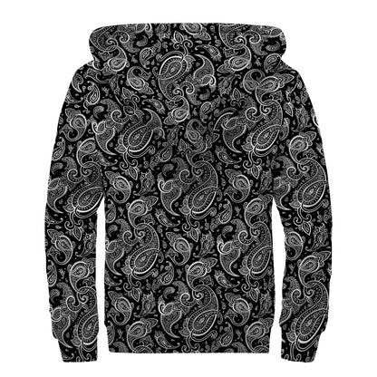 Black And White Paisley Pattern Print Sherpa Lined Zip Up Hoodie