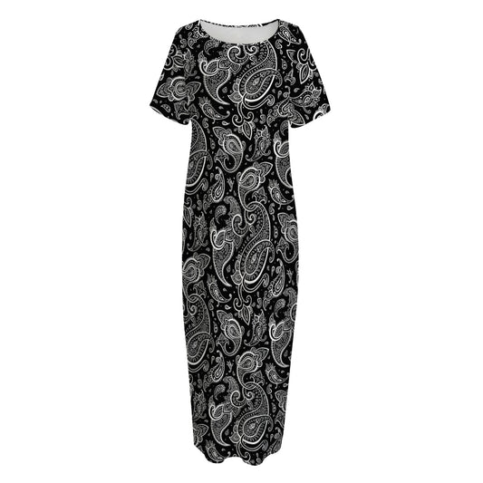 Black And White Paisley Pattern Print Short Sleeve Long Nightdress