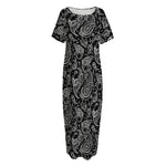Black And White Paisley Pattern Print Short Sleeve Long Nightdress
