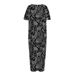 Black And White Paisley Pattern Print Short Sleeve Long Nightdress