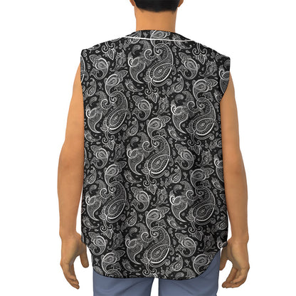 Black And White Paisley Pattern Print Sleeveless Baseball Jersey