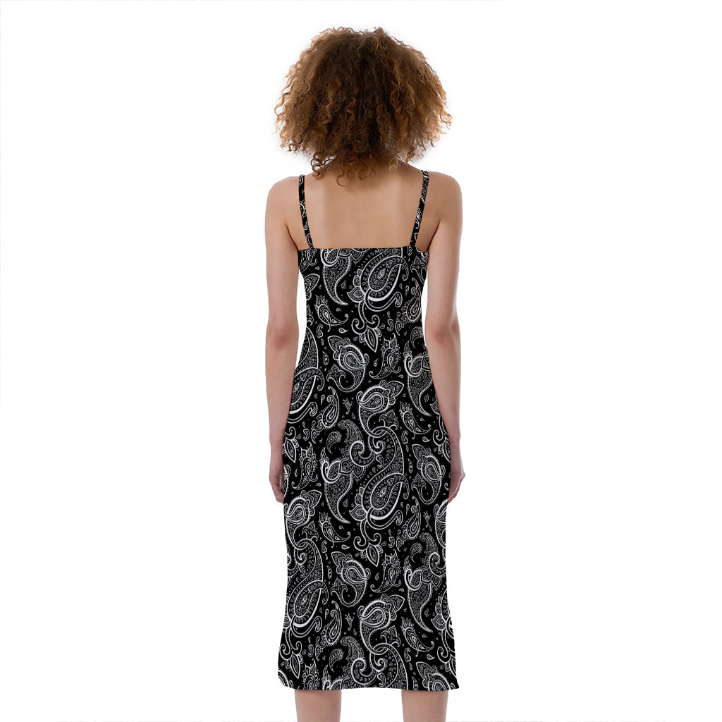 Black And White Paisley Pattern Print Slim Fit Midi Cami Dress