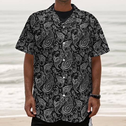 Black And White Paisley Pattern Print Textured Short Sleeve Shirt
