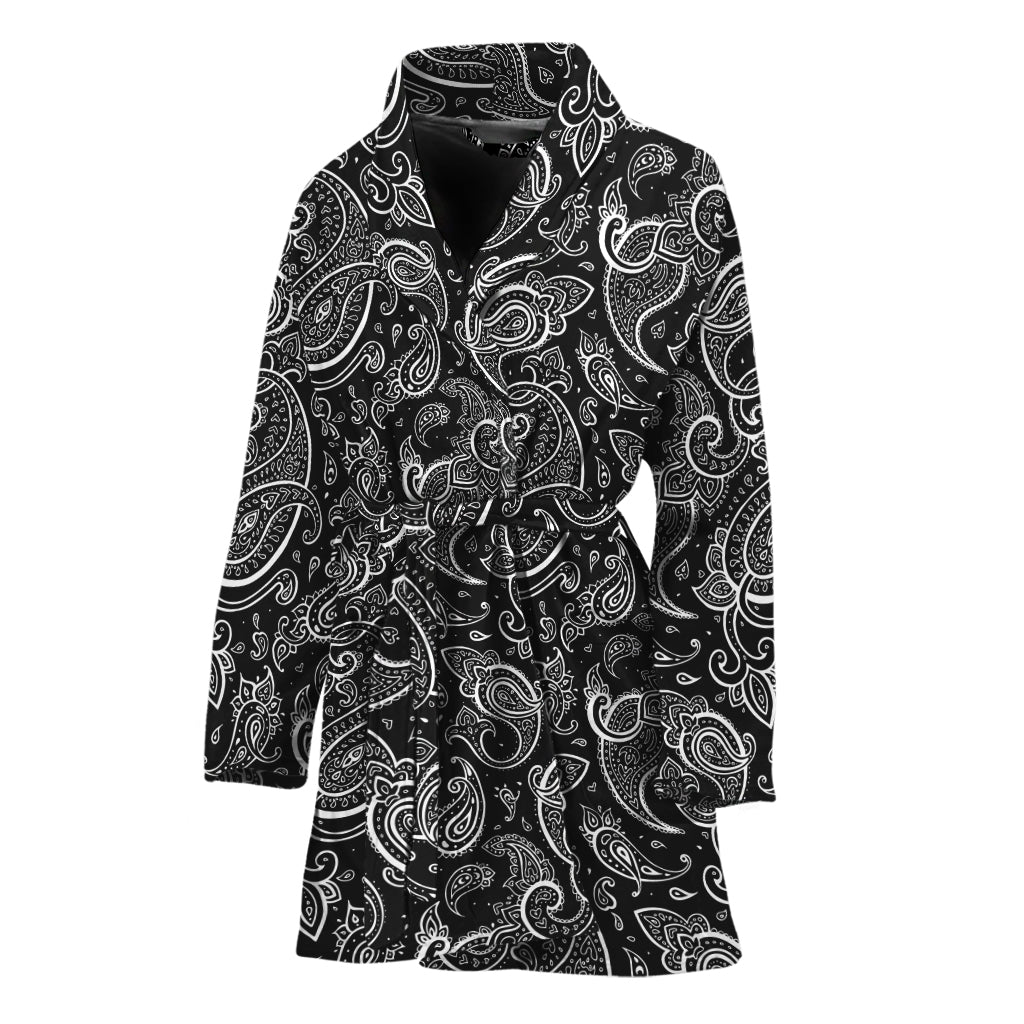 Black And White Paisley Pattern Print Women's Bathrobe