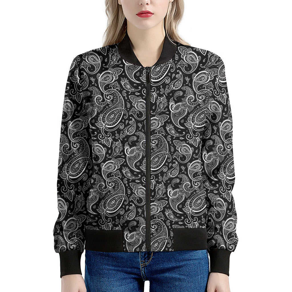 Black And White Paisley Pattern Print Women's Bomber Jacket