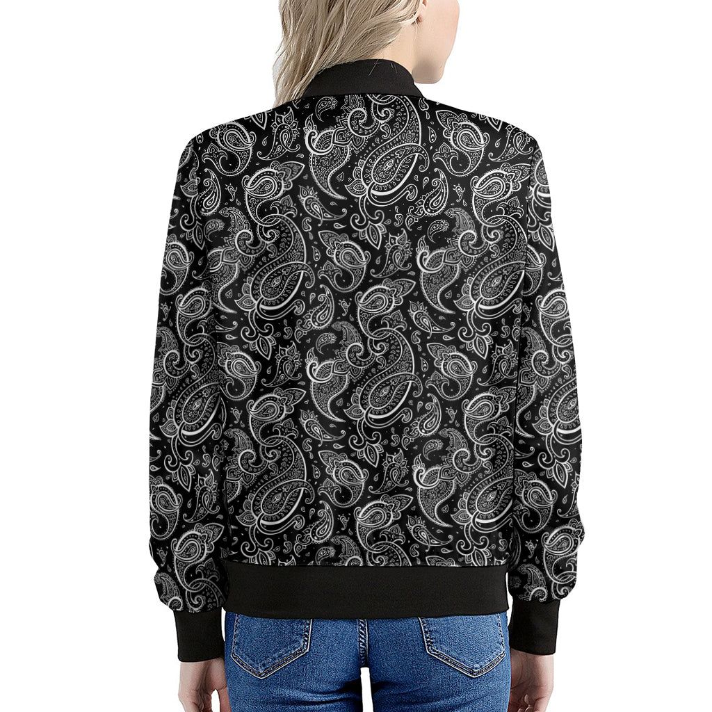 Black And White Paisley Pattern Print Women's Bomber Jacket