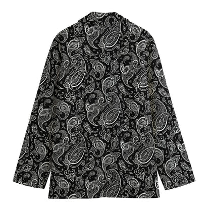 Black And White Paisley Pattern Print Women's Cotton Blazer