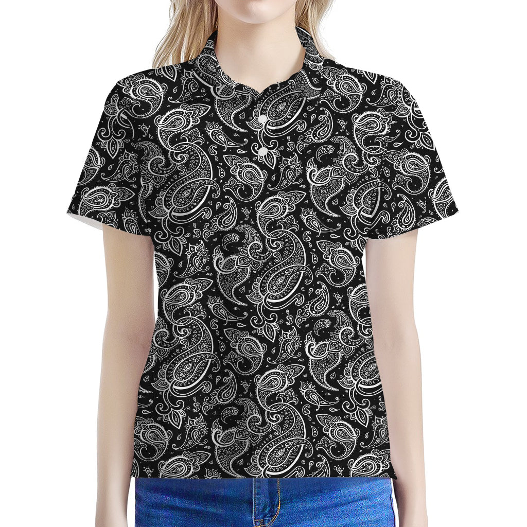 Black And White Paisley Pattern Print Women's Polo Shirt