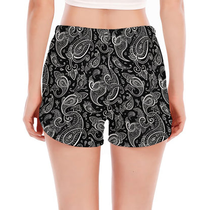 Black And White Paisley Pattern Print Women's Split Running Shorts