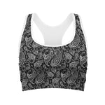 Black And White Paisley Pattern Print Women's Sports Bra