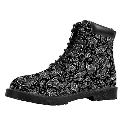 Black And White Paisley Pattern Print Work Boots