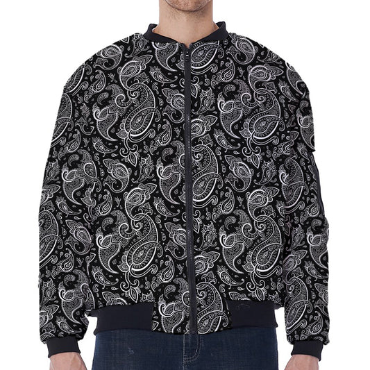 Black And White Paisley Pattern Print Zip Sleeve Bomber Jacket