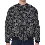 Black And White Paisley Pattern Print Zip Sleeve Bomber Jacket