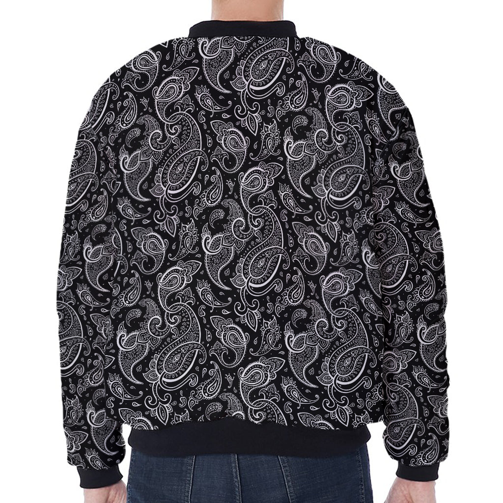 Black And White Paisley Pattern Print Zip Sleeve Bomber Jacket