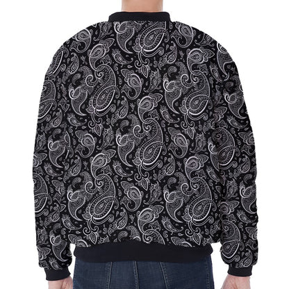 Black And White Paisley Pattern Print Zip Sleeve Bomber Jacket