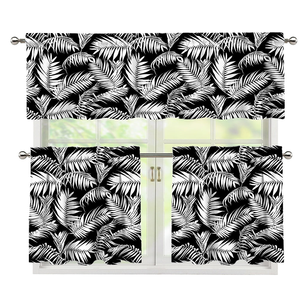 Black And White Palm Leaves Print 3 Piece Kitchen Curtains
