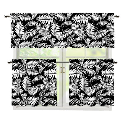 Black And White Palm Leaves Print 3 Piece Kitchen Curtains