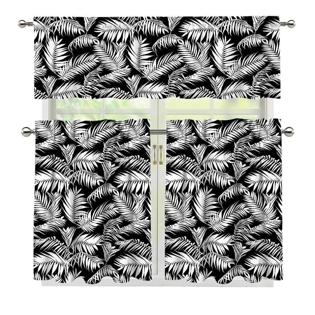 Black And White Palm Leaves Print 3 Piece Kitchen Curtains