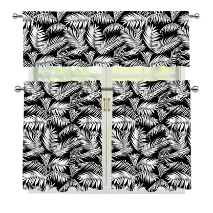 Black And White Palm Leaves Print 3 Piece Kitchen Curtains